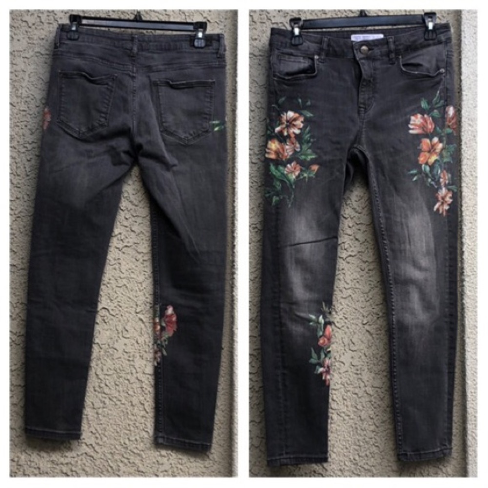 Zara Basic Z1975 Grey Floral Print Skinny Jeans